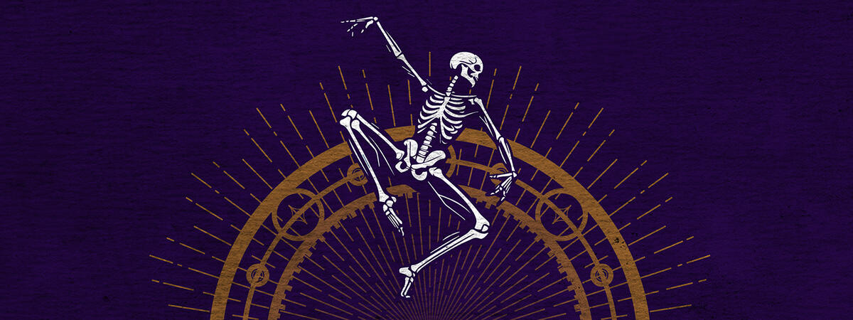 A tarot card-style image of a dancing skeleton in front of a "wheel of fortune" that represents fate/destiny. Gold letters spell "Everbody" over the skeleton.