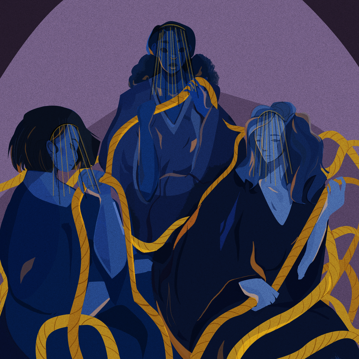 Blue silhouettes of the three Fates, divine women of the underworld, unravel a winding golden rope