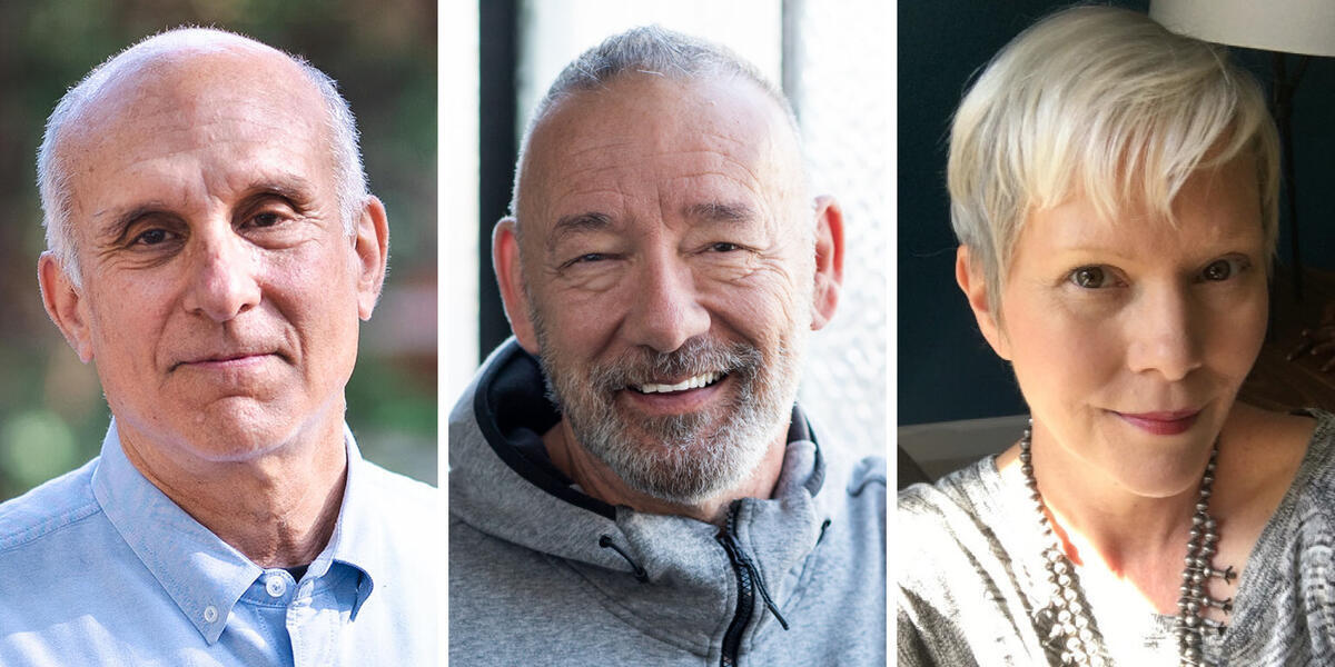 Peter Glazer (with thin white hair and wearing a blue button-down shirt), Joe Goode (with short gray hair and wearing a gray sweatshirt), and Wendy Sparks (with short platinum-blonde hair and wearing a gray and white sweater)